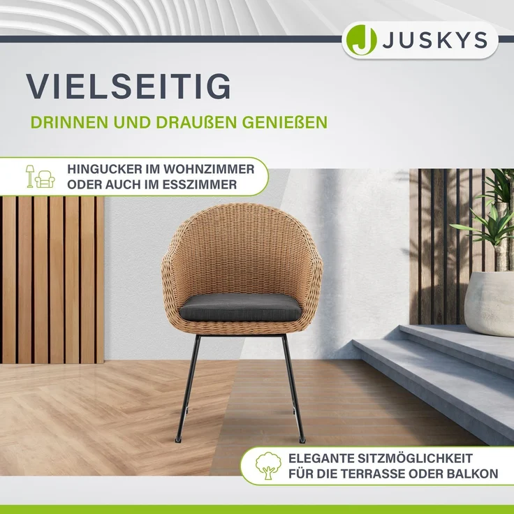 Juskys Rattan Korbsessel Cody 2er Set mit Kissen - Indoor & Outdoor Rattanstühle - Korbstuhl bis 100 kg belastbar - Korbstühle modern - Stühle Natur – Bild 7