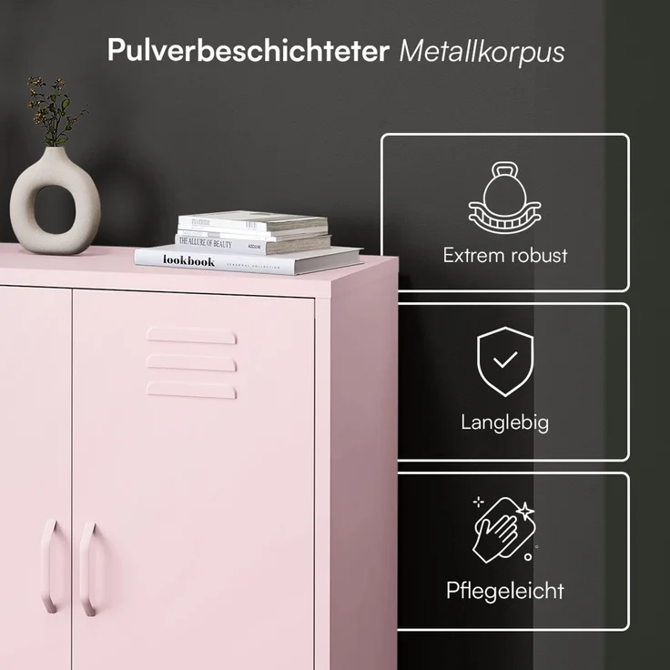 skølm 'Atria' Metallkommode, rosa, 100x38x80 cm, Metallschrank mit 3 Fächern – Bild 4