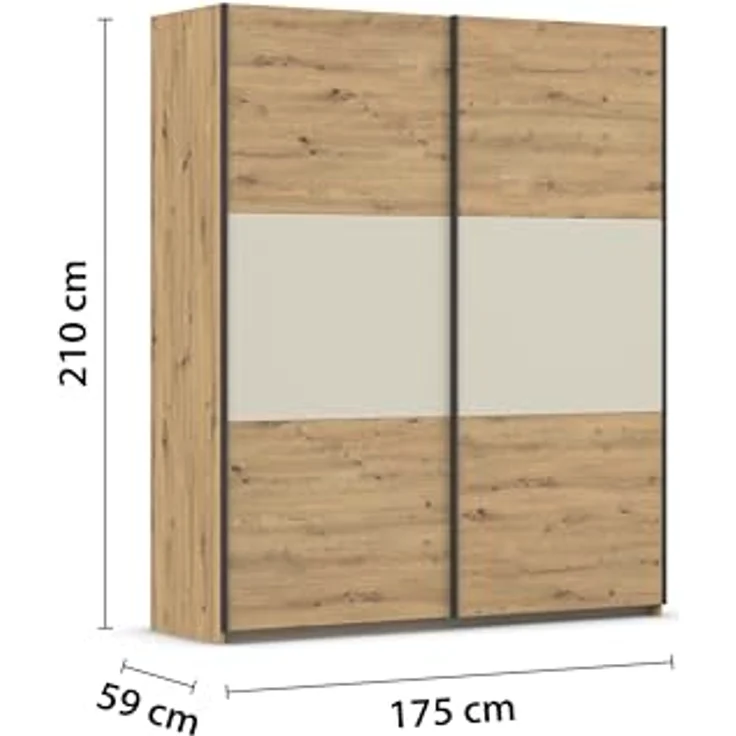 Rauch Möbel Neo, Schwebetürenschrank, Kleiderschrank, Kleiderschränke, Garderobe, Schrank mit Stauraum, 2-türig, Farbe Eiche Artisan/Champagner, 175 x 210 x 59 cm – Bild 4