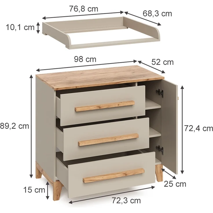 Wickelkommode Malia Cashmere 98x98 cm mit 1 Tür & 3 Schubladen Vitalispa – Bild 2