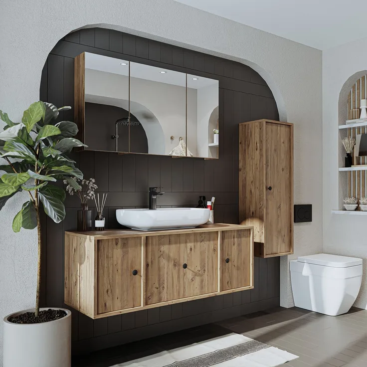 Roomart GUSTO-I-120 Badmöbel Set– 4-teiliges Badezimmermöbel Set - Waschbeckenunterschrank mit Keramikwaschbecken, Spiegelschrank & Hochschrank - H 45 x B 45 x T 120 cm • Eiche