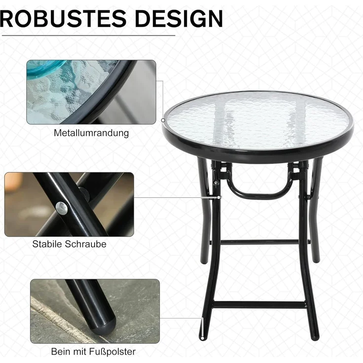 Outsunny Gartentisch Beistelltisch Bistrotisch mit Glasplatte rund klappbar Metall Ø45 schwarz – Bild 6