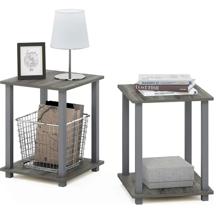 Furinno Simplistic Sofatisch, Couchtisch, Beistelltisch, mit 2 Ebenen, 2-er Set, Französische Eiche / Grau, 39. 6x39. 6x49. 8 cm
