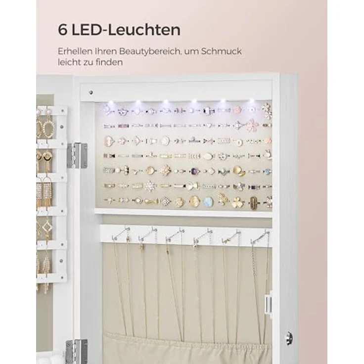 Songmics Schmuckschrank mit LED Beleuchtung und Spiegel, MDF Weiß-Greige, 10 x 37 x 120 cm – Bild 7