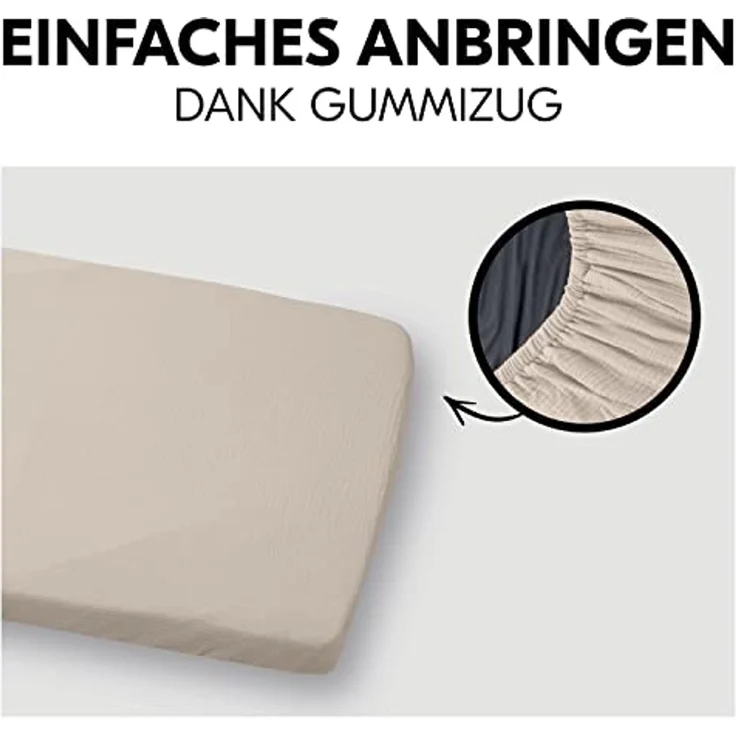 Hauck Baby Spannbettlaken 60x120 cm für Reisebettmatratzen, Baby Matratzenbezug Baumwolle Musselin, 60° C Maschinenwäsche, Babybettlaken mit Gummizug (Beige) – Bild 5