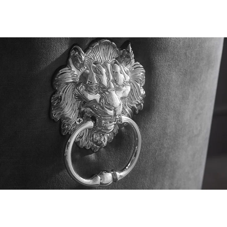 Edler Stuhl LION Samt grau Löwenkopf Hochlehner silber Edelstahl Esszimmerstuhl – Bild 7