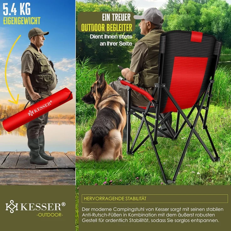 KESSER® Campingstuhl faltbar bis 160 kg, Klappstuhl, Gepolstert mit Armlehnen, Campinglicht und Getränkehalter + Tasche mit hoher Rückenlehne, mit Angelhalterung, Rot / Schwarz, 95 x 65 x 59 cm – Bild 4