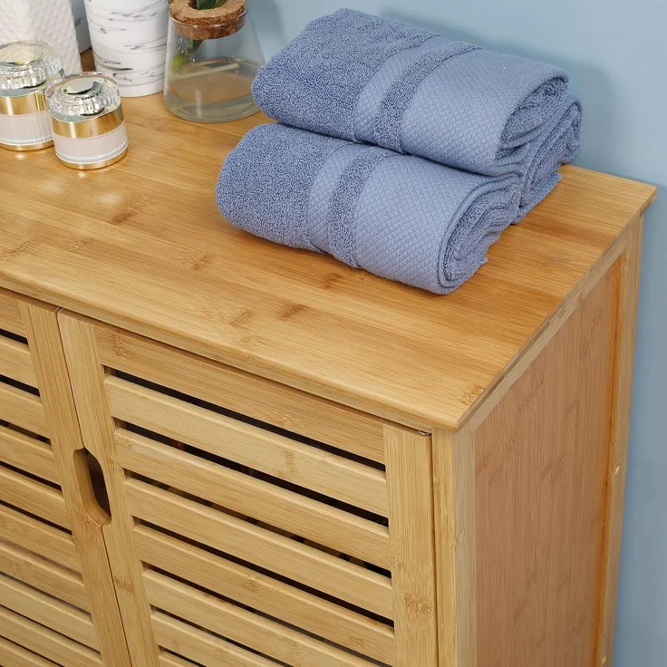 Kleankin Badkommode Badezimmerschrank, Badschrank (Beistellschrank mit 2 Lamellentüren, Innenregalen, 1 St, Bambus Aufbewahrungsschrank für Badezimmer), 68 x 32 x 86 cm, Natur – Bild 8