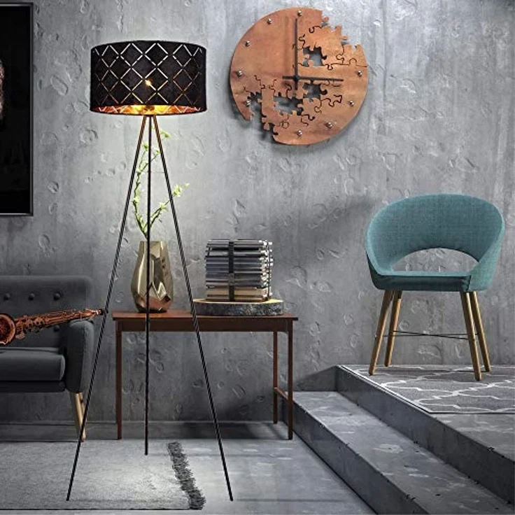 LED Stehleuchte, Textil, schwarz-gold, Stativ Gestell, H 149cm – Bild 4