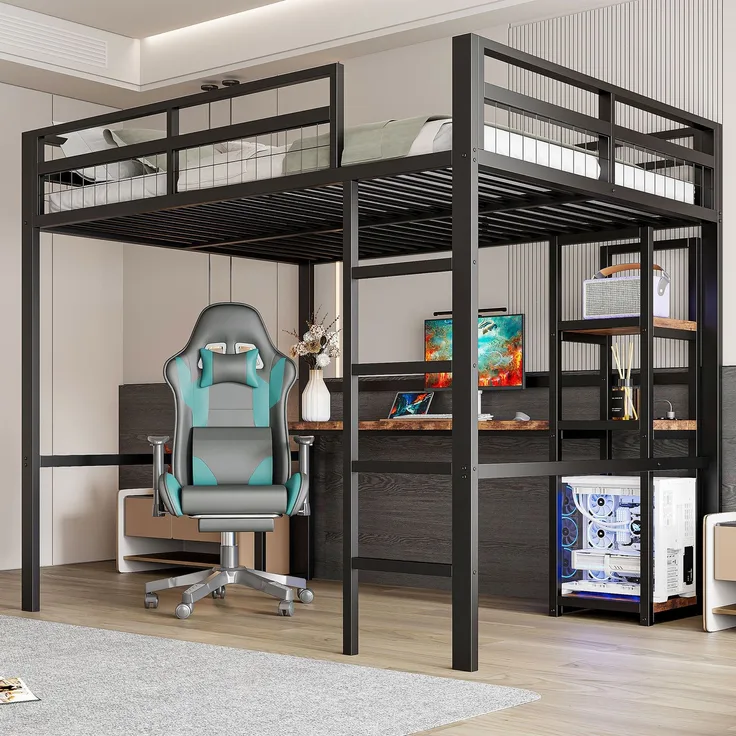 EINHOM Hochbett, 140 x 200 cm, Eisenrahmen, Mehrere Einlegeböden, Schreibtisch mit Steckdose, mit USB Typ-C, Geländer, Trittleiter, Schwarz (Ohne Matratze)
