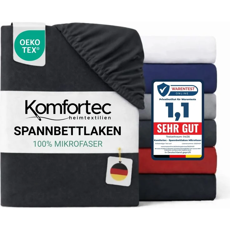 Komfortec Mikrofaser Spannbettlaken 160x200 cm – Weiches Spannbetttuch mit Rundumgummi – Fitted Sheet für Matratzen bis 30 cm – Anthrazit – Oeko-Tex – Pflegeleicht & Hautfreundlich – 90g/m² – Bild 1