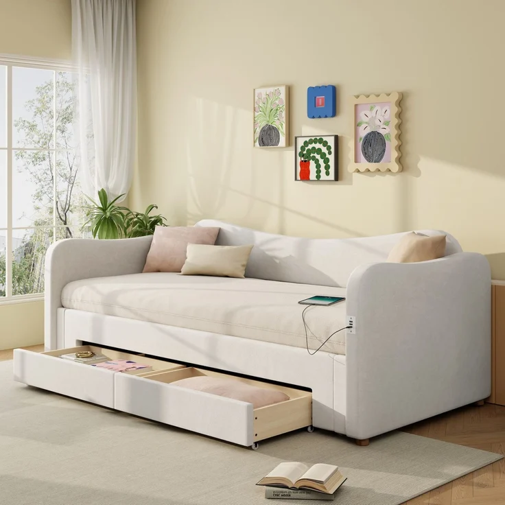 Schlafsofa mit Bettfunktion, Schubladen, Lattenrost, USB und Type-C, 90x200cm/180x200cm, Liegefläche erweiterbar, Polsterbett, Samt – Bild 2