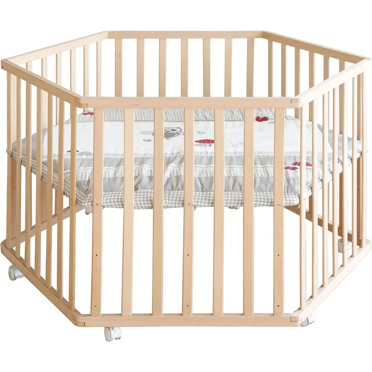 roba Laufgitter 'Adam & Eule' - Laufstall 6-eckig / hexagonal - Sicheres Spielgitter inkl. Schutzeinlage - Mobil dank Rollen - Holz natur – Bild 3