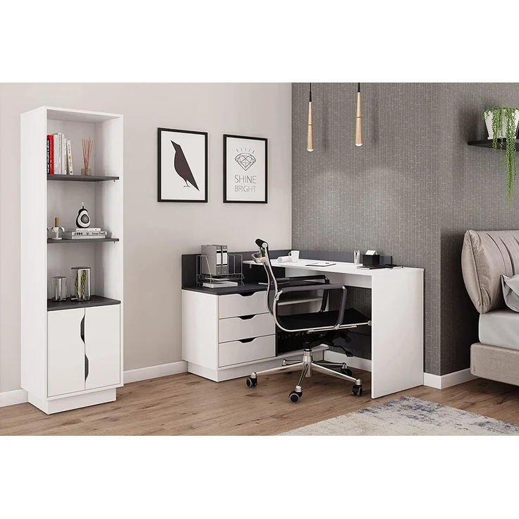byLIVING Winkelschreibtisch BELFAST / Rechts oder Links montierbar / 3 Schubkästen / matt weiß - anthrazit /Bürotisch / Eckschreibtisch / Schreibtisch / B 129, H 83,5, T 105 cm – Bild 4