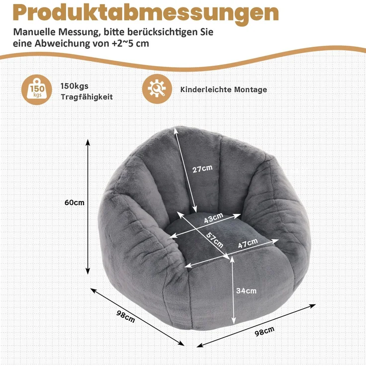 Sitzsack in Grau 98cm×98cm×60cm aus Polyester – gepolstert, formstabil und ohne Montage – Bild 7
