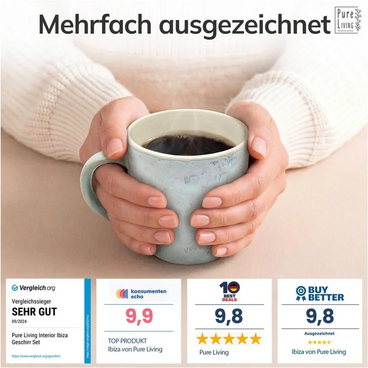 PURE LIVING INTERIOR DESIGN Geschirr-Set Ibiza Becher, 6er-Set, 350 ml, Beige Blau, Steingut (6-tlg), 6 Personen, Steingut – Bild 3