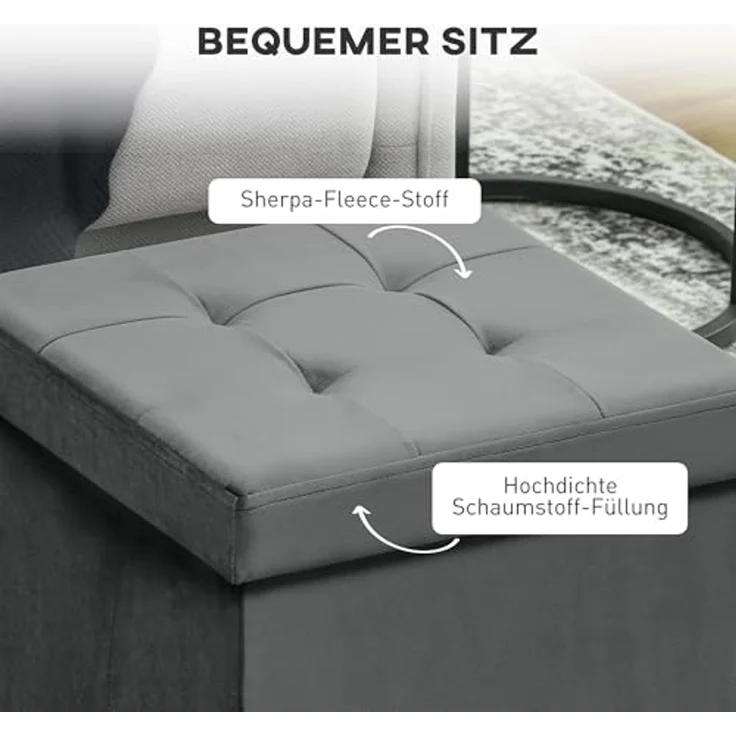 HOMCOM Sitzhocker mit Stauraum Klappbar Hocker mit Deckel (Fußhocker, 1 St, Sitzwürfel), Polsterhocker mit Samtoptik 38 x 38 x 38 cm Grau – Bild 5