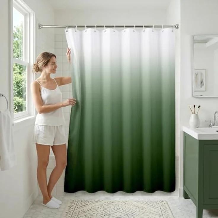Americanflat Duschvorhang, 100% Polyester, wasserabweisend, mit Metallösen und 12 Duschvorhangringen, Farbverlauf, 180 x 180 cm, Grün – Bild 5