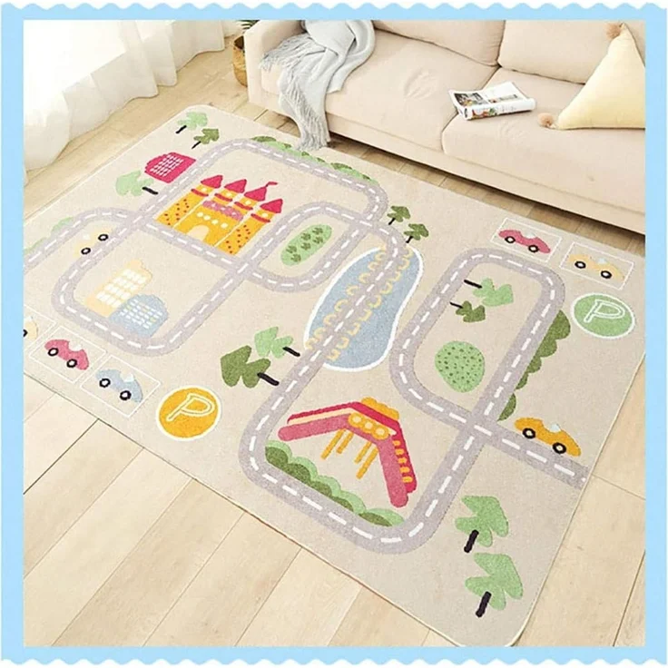TYKTZXY Kinderteppich Spielen Teppich Straße Auto Tier Universum Blau Grün Grau(120×160cm,47×63inch) – Bild 5