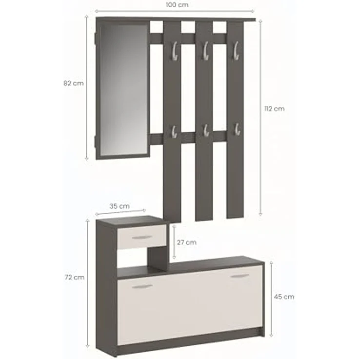 Dmora - Eingangsmöbel Sargassi, Moderner Eingang, Wandgarderobe, Multifunktions-Aufbewahrungskonsole, 100x26h190 cm, Anthrazit und Weiß – Bild 3