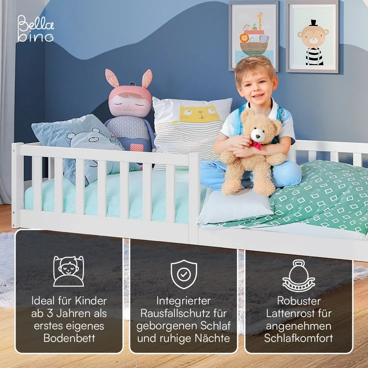Bellabino 'Vere' Bodenbett 90x200 cm mit Matratze, weiß, Massivholz Kiefer, Montessori Kinderbett mit Rausfallschutz und Lattenrost – Bild 3