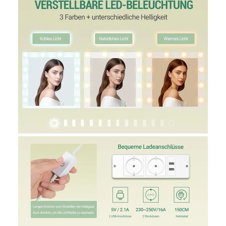 Schminktisch mit LED-Beleuchtung, mit Stecker und Föhnhalter, große Tischplatte 108 cm, Schminktisch mit 2 großen Schubladen mit Schmuckablage, 2 Schränke, Die Abmessungen sind 40 x 108 x 144 cm, Weiß – Bild 3