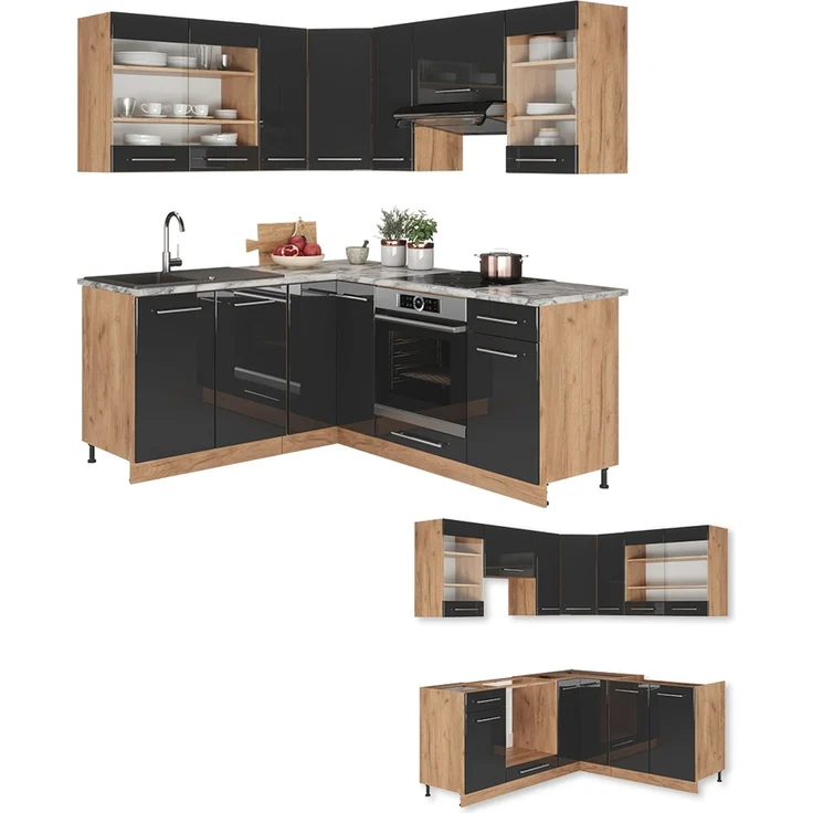 Eckküche Fame-Line Anthrazit Hochglanz/Goldkraft Eiche 190 x 160 cm, AP Eiche Vicco – Bild 6