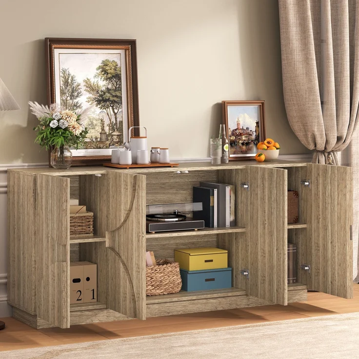 Merax Sideboard Kommode mit Regalen, Sideboard mit Rebounder, natürliche Holzmaserung – Bild 2