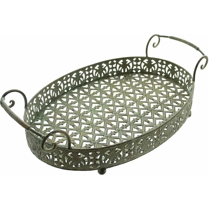 Tablett "Antik" aus Metall, oval, 43x26 cm, Vintage Dekotablett in Rost Optik, Tragetablett, Tischdeko – Bild 2
