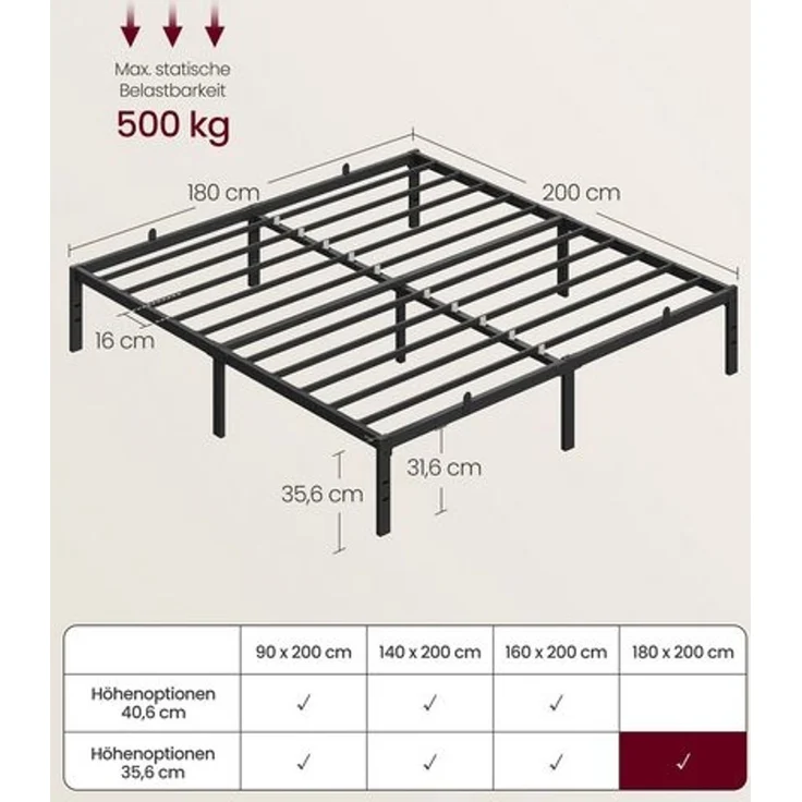VASAGLE Doppelbettgestell, 180 x 200 cm, Bettrahmen, Unterbettaufbewahrung, schwarz – Bild 5
