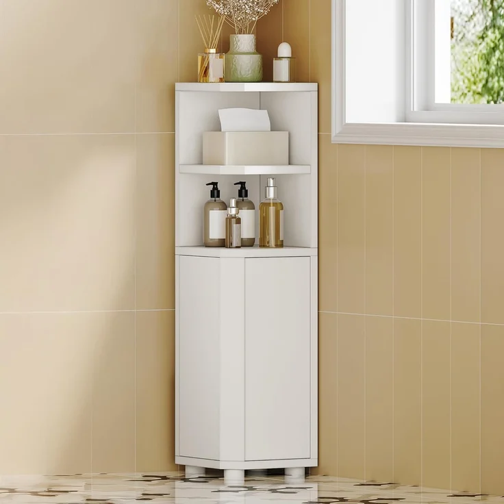 Badezimmerschrank, Eckschrank Badschrank, Toilettenschrank mit verstellbare Ablagen, 2 Seitentüren, schmales Badregal, einfache Montage, 20 x 20 x 79 cm, weiß – Bild 3