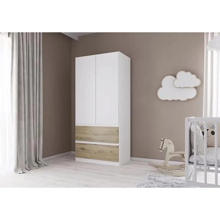 Rauch Möbel Costa, Kleiderschrank für Schlafzimmer, Kinderzimmer, Babyzimmer, Garderobe, Flur, 2-türig, 2 Schubladen, Push-to-Open, mit Zubehör Classic, Farbe Weiß, Breite 91 cm – Bild 2