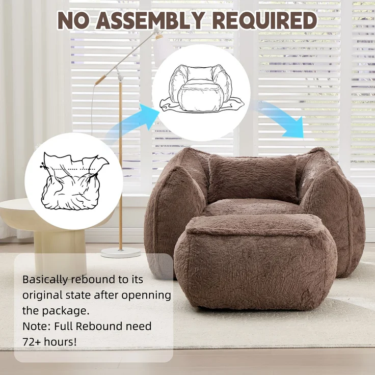 Riesiger Sitzsack für Erwachsene und Kinder, Sitzsack-Sofa mit Kunstfellbezug, Kissen und Hocker, bequemes Lese- und Spielsofa für Schlaf- und Wohnzimmer, Khaki--khaki--123x157x73cm--YOUDENOVA – Bild 7