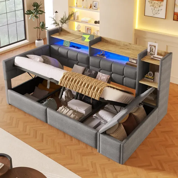 Stauraumbett mit LED-Beleuchtung, Bettkasten, Lattenrost, Regal und USB/Type-C Anschlüssen, 90x200 cm, Schlafsofa, Einzelbett, Jugendbett, Samt