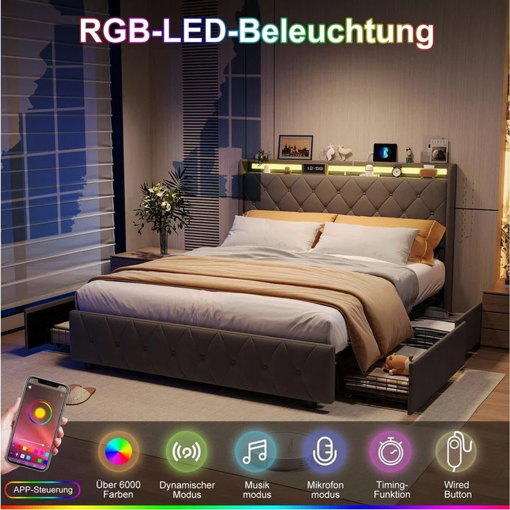 PXloue Polsterbett Led Doppelbett (1-tlg, Modernes Jugendbett, Leises Design Bett, Samtmaterial Polsterbett), Mit LED-Beleuchtung und Ladefunktion, Belastbarkeit 300 kg – Bild 2