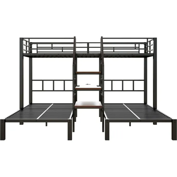 Etagenbett mit 3 Liegeflächen, Lattenrost, Rausfallschutz, Nachttisch, Treppe, Steckdose, USB, LED, 90x200cm, Kinderbett, Metallbett – Bild 8
