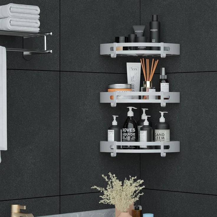 Yorbay Duschablage Duschregal ohne Bohrung, 3 Stücke Duschablage Eckregal Duschkorb, Mit Montagestoff, mit Haken, Dreieck Badregal aus Aluminium für Badezimmer Bad Küche Toilette – Bild 8
