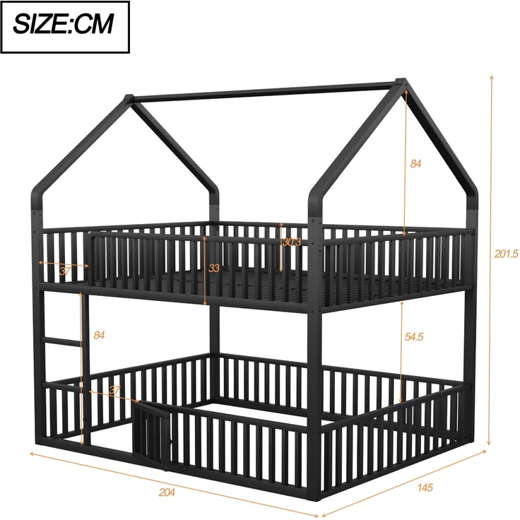 Bett 140x200 cm in Hausform aus Metall mit Tür und Sicherheitsgeländern – kindgerechtes Etagenbett – Bild 6