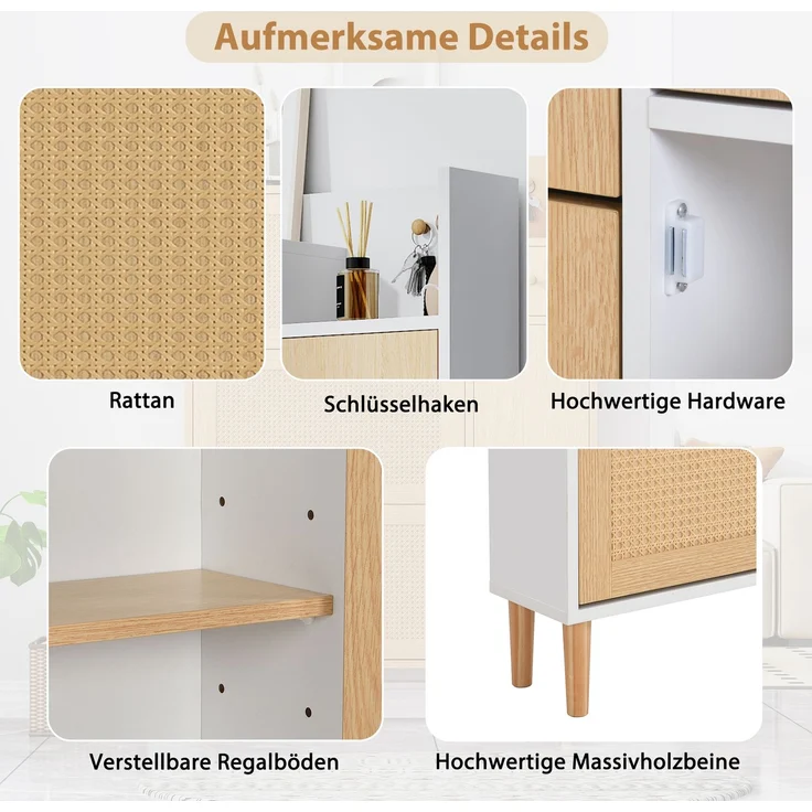 Merax Schmal Schuhschrank mit 3 Klappen, Rattan Schuhschrank Schuhkipper mit Schublade und Tür, Schuhkommode mit Verstellbarer Ablage, Weiß – Bild 5