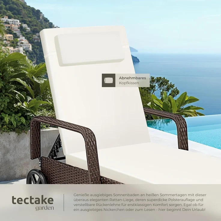 tectake Poly Rattan Gartenliege mit Rollen, 6-Fach höhenverstellbarer Liegestuhl, bis 120kg belastbar, Sonnenliege Rattan (wetterfest), Liege inkl. Polster und Kissen - braun gemischt – Bild 5