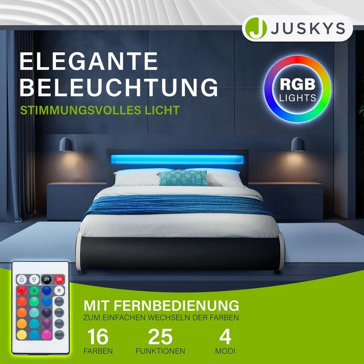 Juskys 'Sevilla' Polsterbett mit LED-Beleuchtung, Kunstleder, Grau, 140x200 cm, ohne Matratze – Bild 3