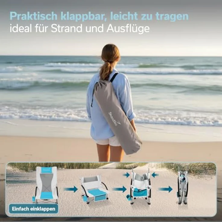 Skandika Strand Klappstuhl Beach | Bequemer Strandstuhl mit atmungsaktivem Mesh, Getränkehalter, niedrig, leicht zu transportieren, max. 136 kg | Faltbarer Campingstuhl, Liegestuhl (beige/türkis) – Bild 3