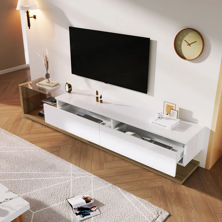 TV-Schrank 170 cm Weiß Hochglanz mit LED-Beleuchtung, 2 Schubladen, 2 Glasregale – Bild 8