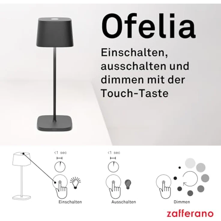 Zafferano, Ofelia Lampe, Kabellose, Wiederaufladbare Tischlampe mit Touch Control, Auch für den Außenbereich Geeignet, Dimmer, 2200-3000 K, Höhe 29 cm, Farbe Dunkelgrau – Bild 4