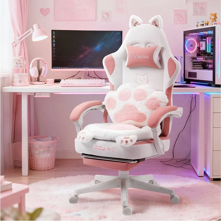 Dowinx Gaming-Stuhl Rosa Bürostuhl mit Kissen mit Katzenohren und Katzenpfoten (Packung), Ergonomischer Computerstuhl mit Fußstütze, PC-Spiele-Stuhl für Mädchen – Bild 1