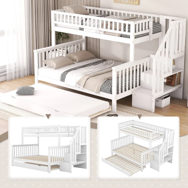 Etagenbett 90x200/140x200 cm Kinderbett mit ausziehbarem Rollbett,Hochbett mit Ablagefächern, Treppe und Geländer,weiß – Bild 4
