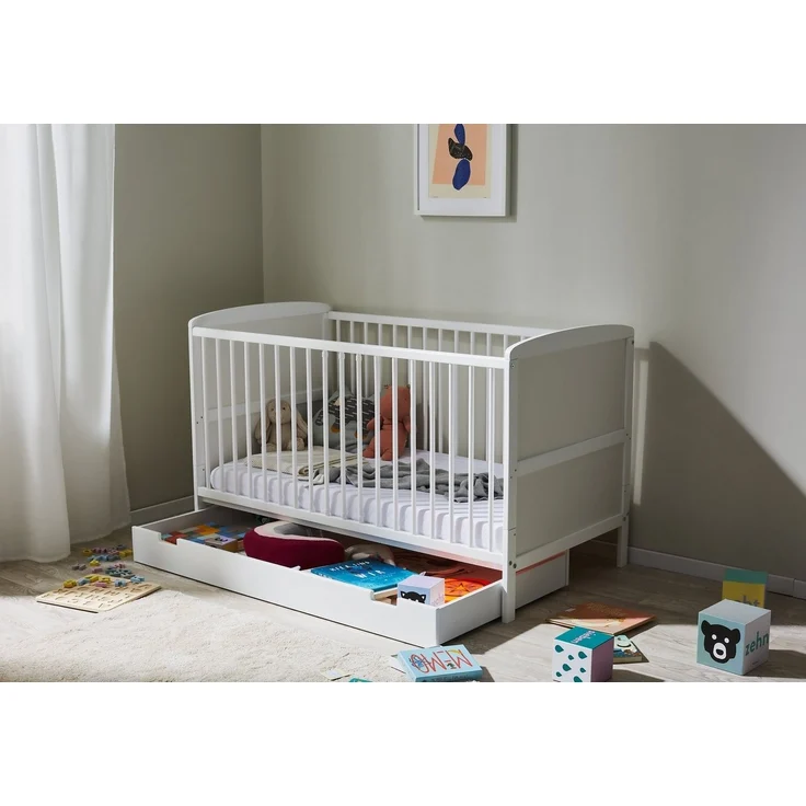 Kids Collective Babybett Kinderbett 70x140 cm umbaubares Gitterbett höhenverstellbar, herausnehmbare Sprossen, weiss Vollholz Kiefer, mit Schublade – Bild 3