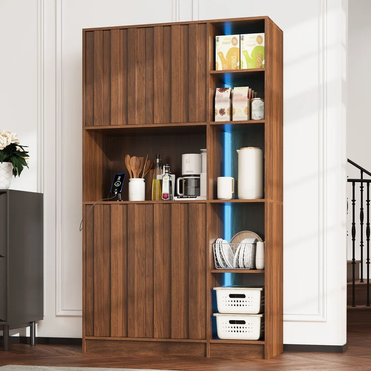 Küchenschrank, hoher Stauraumschrank mit LED-Beleuchtung, Küchenregal mit Steckdosen, Bücherregal & Vitrinenschrank für Wohnzimmer und Esszimmer, 180 × 105 × 40 cm--Nussbaum--105x40x180cm--YOUDENOVA – Bild 5