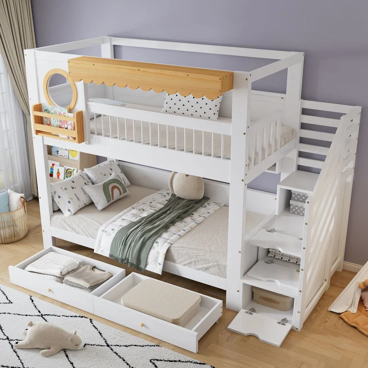 Merax Kinderbett, 90x200cm Jugendbett, Etagenbett, Zwei Aufbewahrungsschublade mit Rollen, Mit Treppenschrank, Mit mit einer Reihe von 2 Meter langen Regalen, Seitliche Ablage, Kiefer + MDF, Weiß – Bild 3