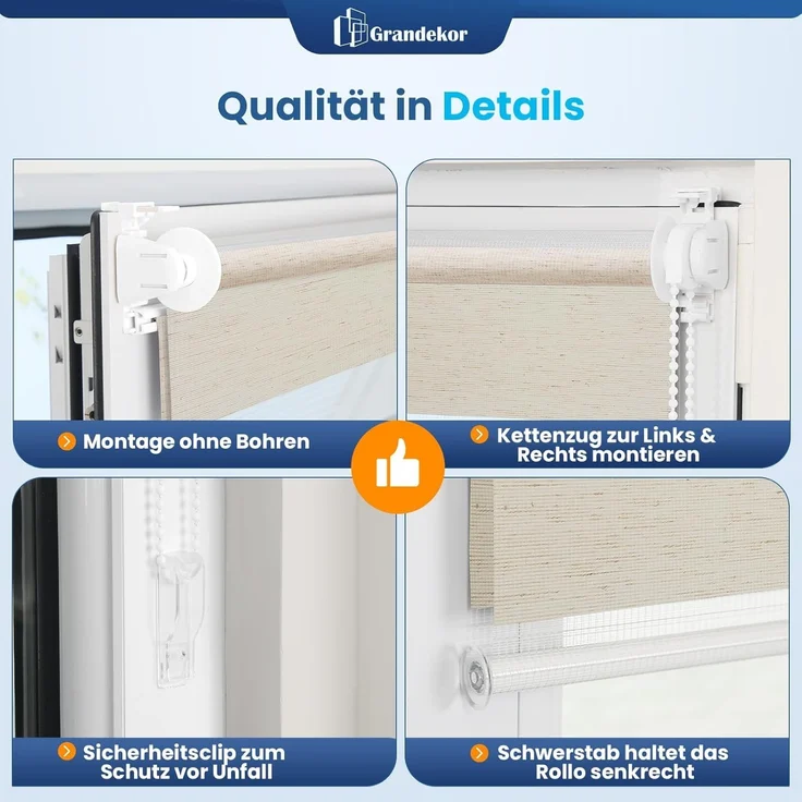 Grandekor Doppelrollo Klemmfix ohne Bohren Leinen 85x230 cm(Stoffbreite 81cm) Fenster Rollos für innen Klemmrollos Duo Rollos für Fenster ohne Bohren mit Bohren Privatschutz UV-Schutz Zebrarollo – Bild 5